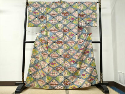 平和屋着物●上質な小紋　紬地　扇面吉祥文　正絹　逸品　CABC6565yc