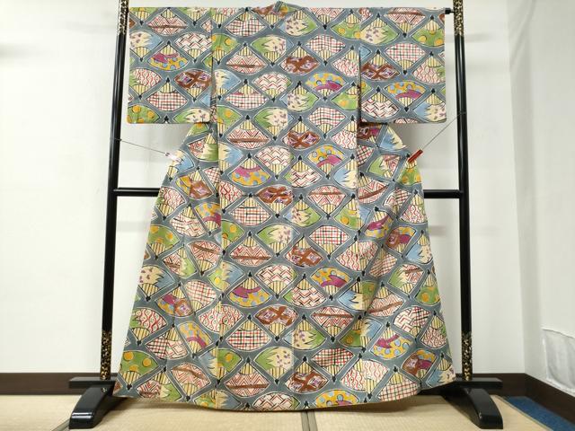 平和屋着物●上質な小紋　紬地　扇面吉祥文　正絹　逸品　CABC6565yc