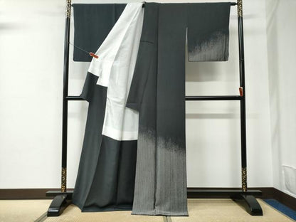 平和屋着物●訪問着 霞文 黒地 銀糸 ロング丈 正絹 逸品 CABC6567yc