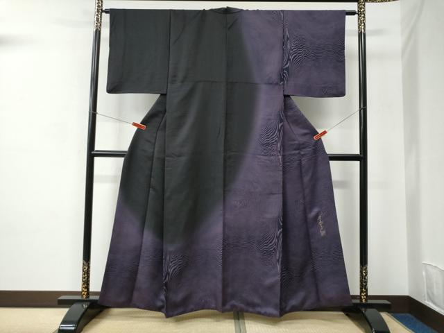 平和屋着物●染色作家　斉藤三才　訪問着　杢目文様　黒地　正絹　逸品　CABC6584yc