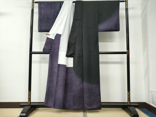 平和屋着物●染色作家　斉藤三才　訪問着　杢目文様　黒地　正絹　逸品　CABC6584yc