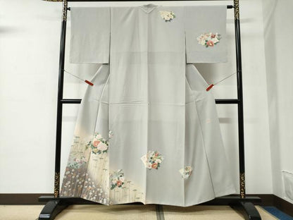 平和屋着物●染色作家　佐藤修平　訪問着　地紙笹竹草花文　暈し染め　正絹　逸品　未使用　CABC6617yc