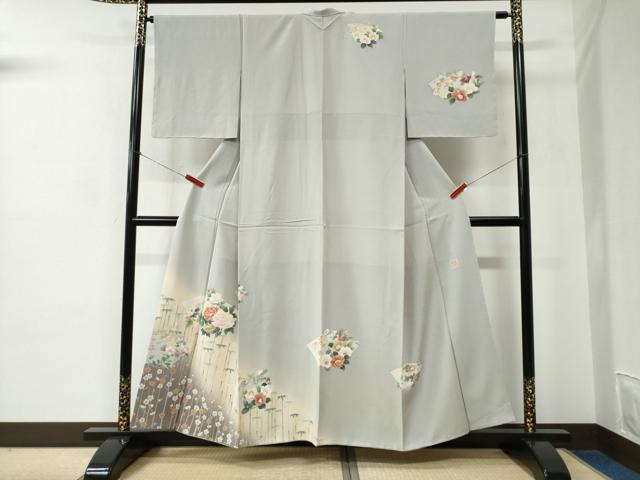平和屋着物●染色作家　佐藤修平　訪問着　地紙笹竹草花文　暈し染め　正絹　逸品　未使用　CABC6617yc