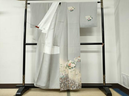 平和屋着物●染色作家　佐藤修平　訪問着　地紙笹竹草花文　暈し染め　正絹　逸品　未使用　CABC6617yc