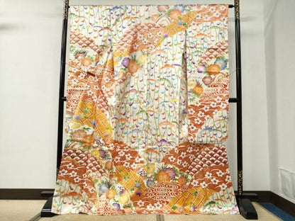 平和屋着物●豪華振袖 駒刺繍 雪芝吉祥花文 金彩 正絹 逸品 CABC6618yc