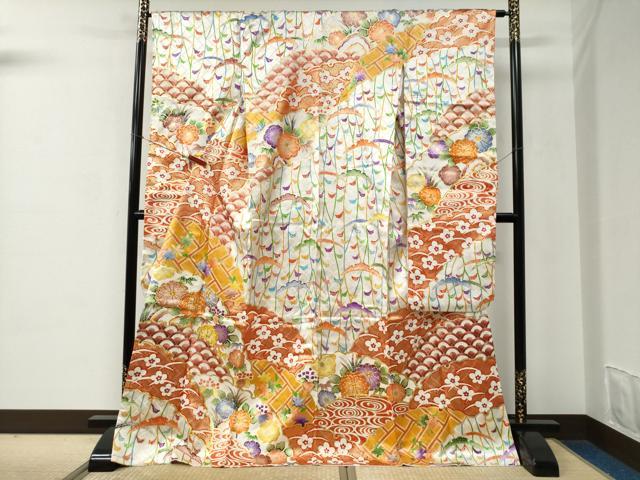 平和屋着物●豪華振袖 駒刺繍 雪芝吉祥花文 金彩 正絹 逸品 CABC6618yc
