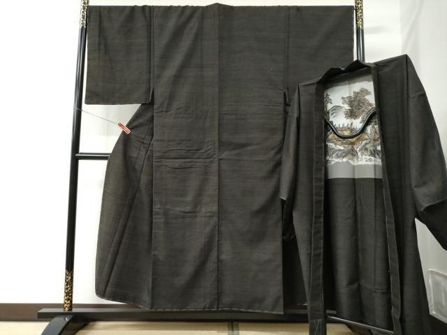 平和屋着物●男性　紬　アンサンブル　色無地　憲法茶色　正絹　逸品　未使用　CABC6627yc
