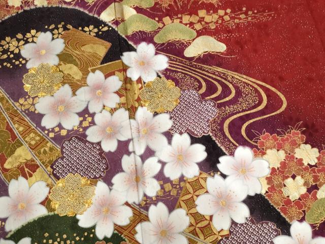 平和屋着物●豪華振袖 駒刺繍 遠山流水舞桜文 暈し染め 銀通し地 正絹 逸品 CABC6642yc