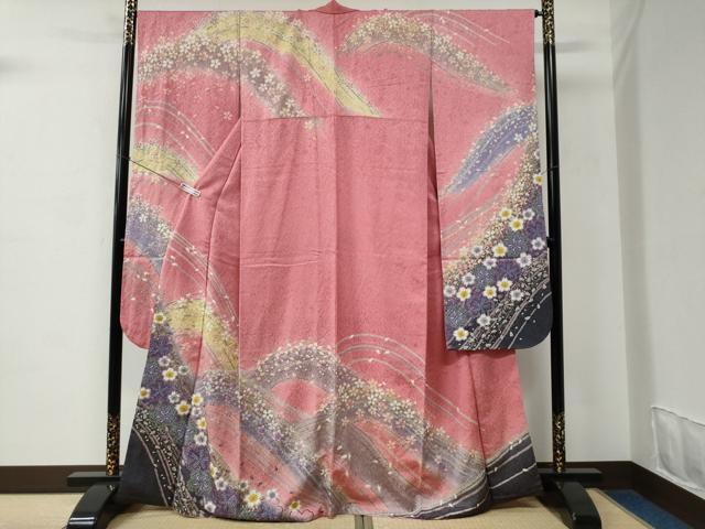 平和屋着物●豪華振袖 絞り 舞桜文 暈し染め 金通し地 正絹 逸品 CABC6643yc