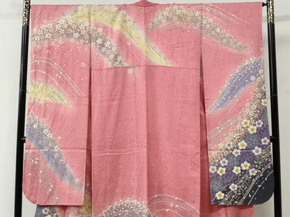 平和屋着物●豪華振袖 絞り 舞桜文 暈し染め 金通し地 正絹 逸品 CABC6643yc