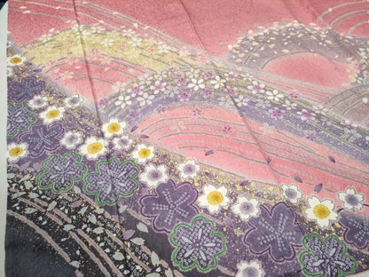 平和屋着物●豪華振袖 絞り 舞桜文 暈し染め 金通し地 正絹 逸品 CABC6643yc