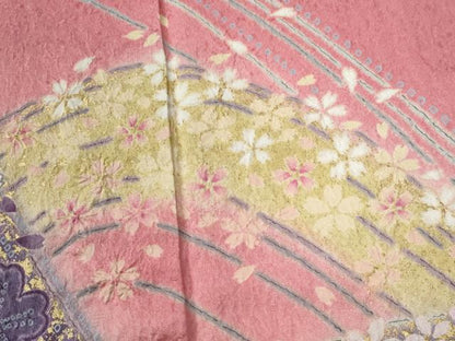 平和屋着物●豪華振袖 絞り 舞桜文 暈し染め 金通し地 正絹 逸品 CABC6643yc