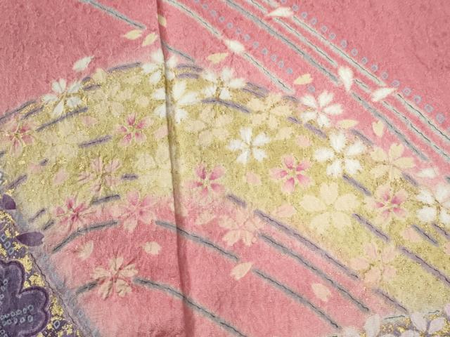 平和屋着物●豪華振袖 絞り 舞桜文 暈し染め 金通し地 正絹 逸品 CABC6643yc