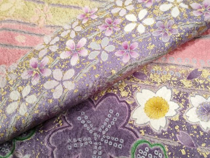 平和屋着物●豪華振袖 絞り 舞桜文 暈し染め 金通し地 正絹 逸品 CABC6643yc