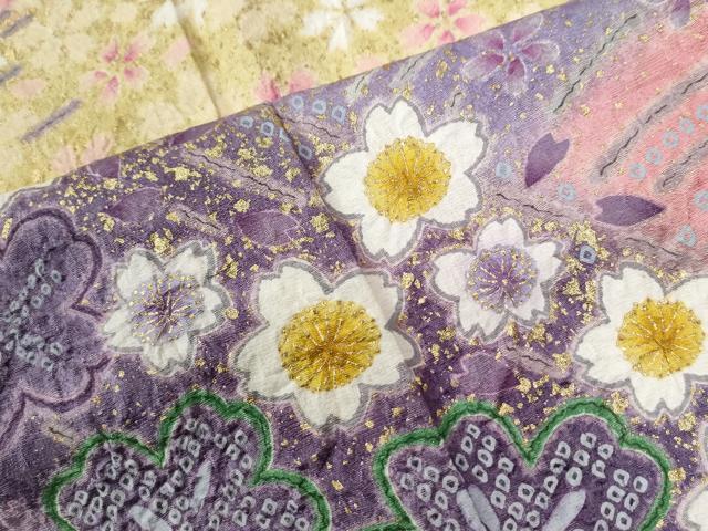 平和屋着物●豪華振袖 絞り 舞桜文 暈し染め 金通し地 正絹 逸品 CABC6643yc