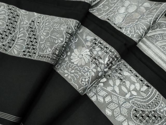 平和屋着物●中国三大刺繍　スワトウ刺繍　総刺繍　小紋　本場大島紬地　吉祥花松唐草間道　ロング丈　正絹　逸品　CABC6644yc