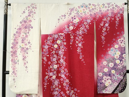 平和屋着物●豪華振袖　舞桜文　ラメ糸　暈し染め　金彩　正絹　逸品　CABC6645yc
