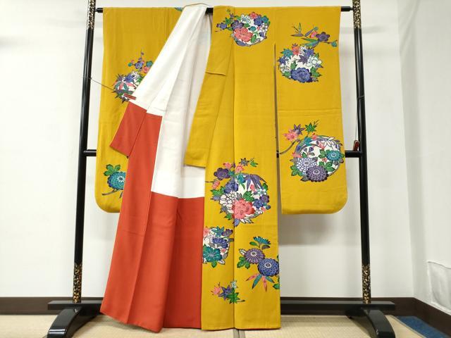 平和屋着物●豪華振袖　作家物　型染め　草花丸文　鬼しぼ縮緬　正絹　逸品　CABC6649yc
