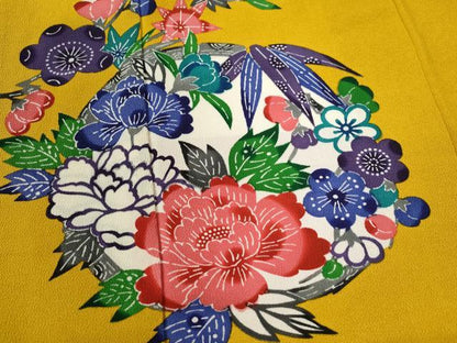 平和屋着物●豪華振袖　作家物　型染め　草花丸文　鬼しぼ縮緬　正絹　逸品　CABC6649yc