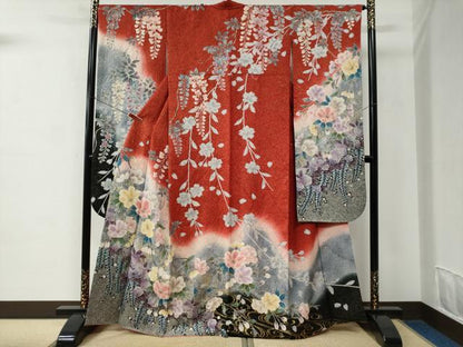 平和屋着物●豪華振袖　絞り　流水枝垂れ花文　暈し染め　金通し地　正絹　逸品　CABC6650yc
