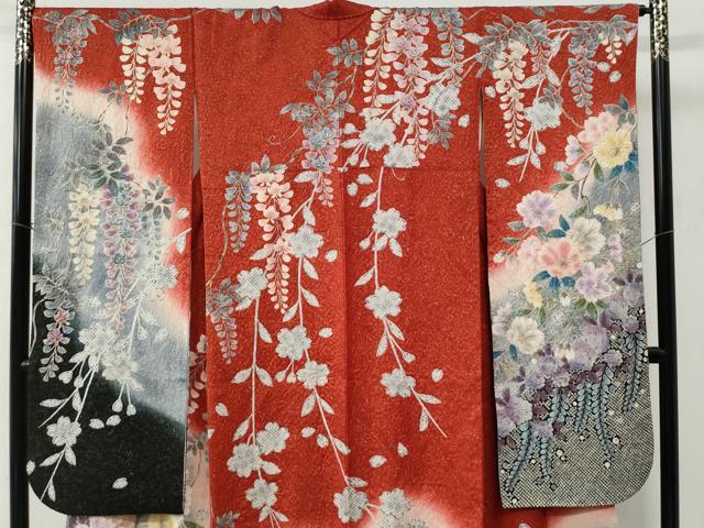 平和屋着物●豪華振袖　絞り　流水枝垂れ花文　暈し染め　金通し地　正絹　逸品　CABC6650yc