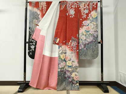 平和屋着物●豪華振袖　絞り　流水枝垂れ花文　暈し染め　金通し地　正絹　逸品　CABC6650yc