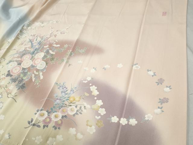 平和屋着物●訪問着　友禅　作家物　牡丹草花文　暈し染め　正絹　逸品　CABC6651yc