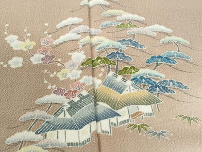平和屋着物●名門・上野家　四代目 上野真(二代目 上野為二)　訪問着　松竹梅風景文　暈し染め　鬼しぼ縮緬　正絹　逸品　CABC6655yc