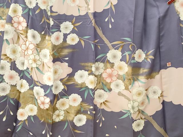 平和屋着物●女優・後藤久美子ブランド　振袖　駒刺繍　雲取り枝桜文　銀通し地　正絹　逸品　CABC6657yc