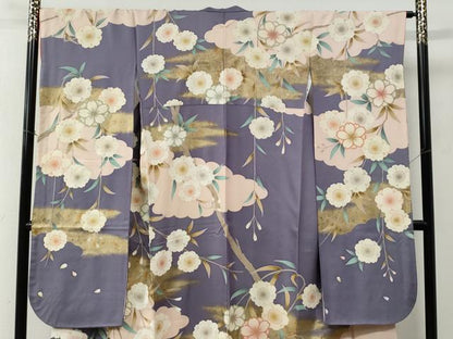 平和屋着物●女優・後藤久美子ブランド　振袖　駒刺繍　雲取り枝桜文　銀通し地　正絹　逸品　CABC6657yc