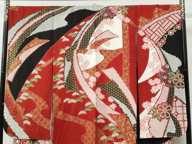 平和屋着物●豪華振袖　駒刺繍　絞り　熨斗籬花唐草文　黒地　金通し地　やまと誂製　正絹　逸品　CABC6666yc