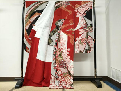 平和屋着物●豪華振袖　駒刺繍　絞り　熨斗籬花唐草文　黒地　金通し地　やまと誂製　正絹　逸品　CABC6666yc
