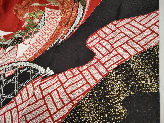 平和屋着物●豪華振袖　駒刺繍　絞り　熨斗籬花唐草文　黒地　金通し地　やまと誂製　正絹　逸品　CABC6666yc