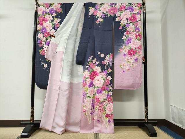 平和屋着物●豪華振袖　牡丹枝垂れ花文　ラメ糸　暈し染め　銀通し地　正絹　逸品　CABC6670yc
