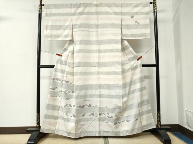 平和屋着物●訪問着　紬地　番傘　横段草花文　正絹　逸品　CABC6674yc