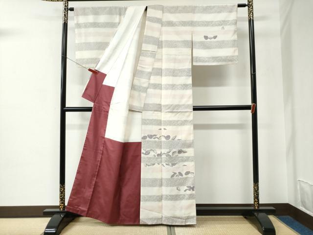 平和屋着物●訪問着　紬地　番傘　横段草花文　正絹　逸品　CABC6674yc