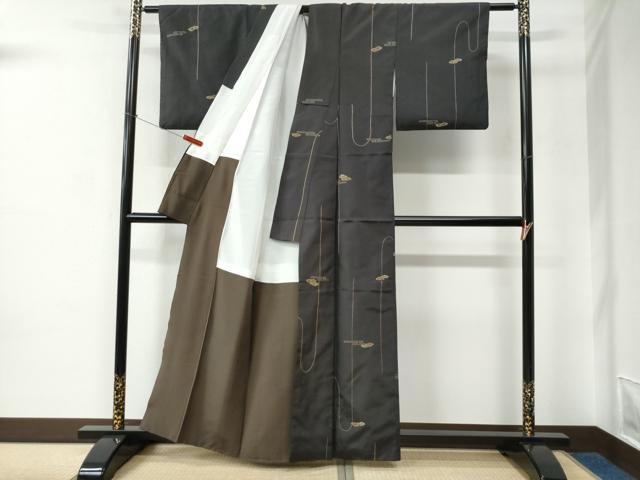 平和屋着物●上質な小紋　本場大島紬地　総刺繍　刺し子　エ霞雲取り文　正絹　逸品　CABC6685yc