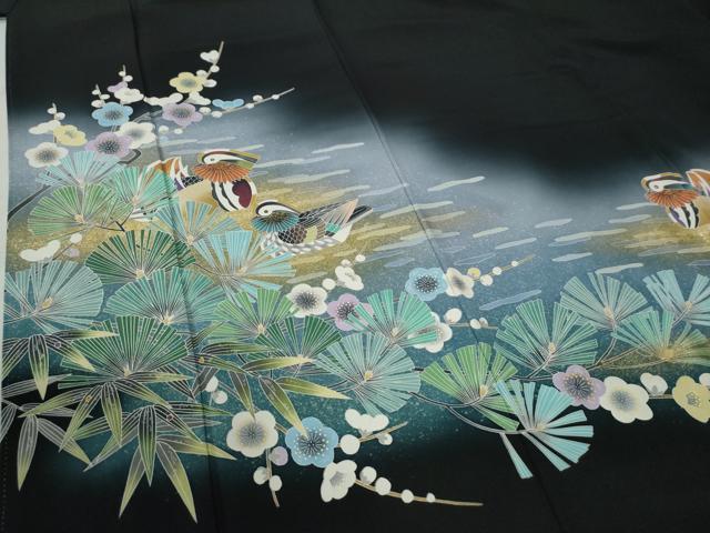 平和屋着物●豪華黒留袖　友禅　作家物　鴛鴦松竹梅　暈し染め　金彩　正絹　逸品　CABC6693yc