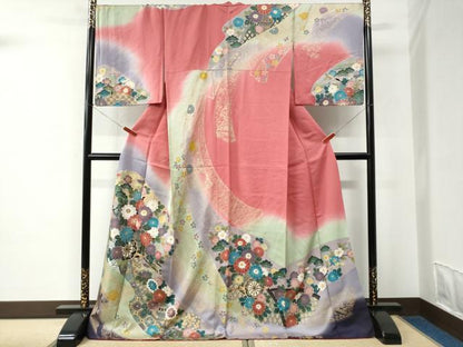 平和屋着物●訪問着　駒刺繍　陶器花車文　暈し染め　金彩　ロング丈　正絹　逸品　CABC6699yc