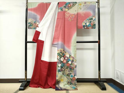 平和屋着物●訪問着　駒刺繍　陶器花車文　暈し染め　金彩　ロング丈　正絹　逸品　CABC6699yc