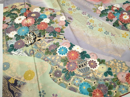 平和屋着物●訪問着　駒刺繍　陶器花車文　暈し染め　金彩　ロング丈　正絹　逸品　CABC6699yc