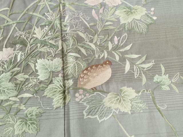 平和屋着物●中国三大刺繍　相良刺繍　総刺繍　訪問着　紬地　作家物　休み鳥南天草花文　正絹　逸品　CABC6706yc