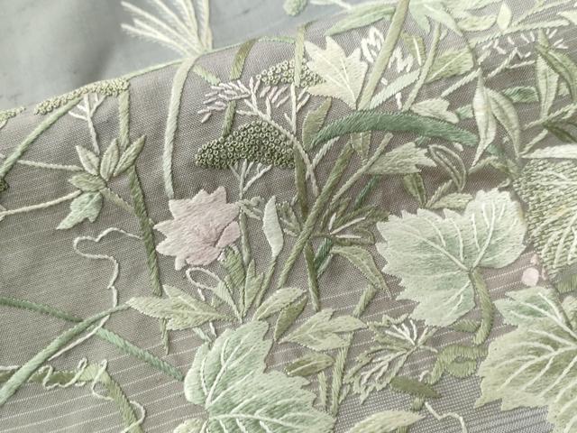 平和屋着物●中国三大刺繍　相良刺繍　総刺繍　訪問着　紬地　作家物　休み鳥南天草花文　正絹　逸品　CABC6706yc