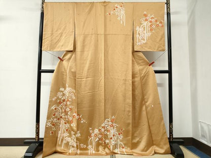 平和屋着物●十日町老舗ブランド　吉澤友禅　吾妻徳穂　訪問着　駒刺繍　竜田川枝橘梅文　金彩　ロング丈　正絹　逸品　CABC6707yc
