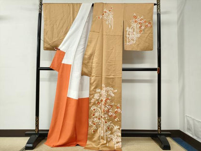 平和屋着物●十日町老舗ブランド　吉澤友禅　吾妻徳穂　訪問着　駒刺繍　竜田川枝橘梅文　金彩　ロング丈　正絹　逸品　CABC6707yc