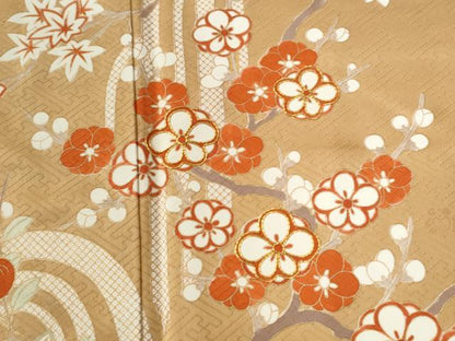 平和屋着物●十日町老舗ブランド　吉澤友禅　吾妻徳穂　訪問着　駒刺繍　竜田川枝橘梅文　金彩　ロング丈　正絹　逸品　CABC6707yc