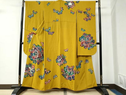平和屋着物●豪華振袖　作家物　型染め　舞蝶文　鬼しぼ縮緬　正絹　逸品　CABC6710yc