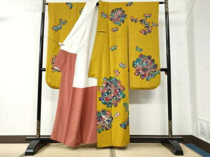 平和屋着物●豪華振袖　作家物　型染め　舞蝶文　鬼しぼ縮緬　正絹　逸品　CABC6710yc