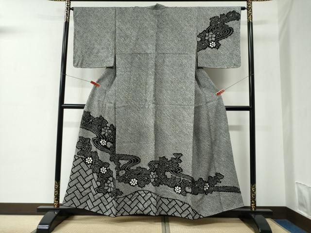 平和屋着物●訪問着　総絞り　流水檜垣草花文　黒地　正絹　逸品　CABC6712yc