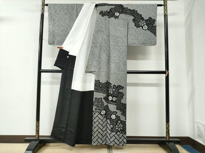 平和屋着物●訪問着　総絞り　流水檜垣草花文　黒地　正絹　逸品　CABC6712yc